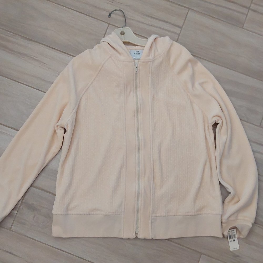 Hot Cotton Cream Velour Long Sleeve Zip Front Hooded Jacket.  Size M